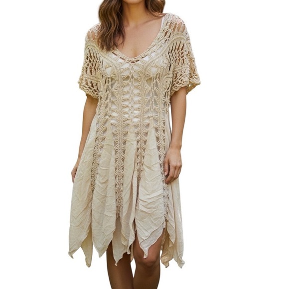 Tops - Boho Crochet Knit‎ Handkerchief Hem Tunic Top Tan Beige Fairycore Festival Small